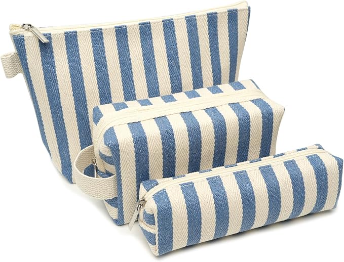 Beayuva 3 Pcs Makeup Bag Set Striped Canvas Purse Cosmetic Bag For Women Travel Toiletry Pouch Organizer pencil case (Blue-White)