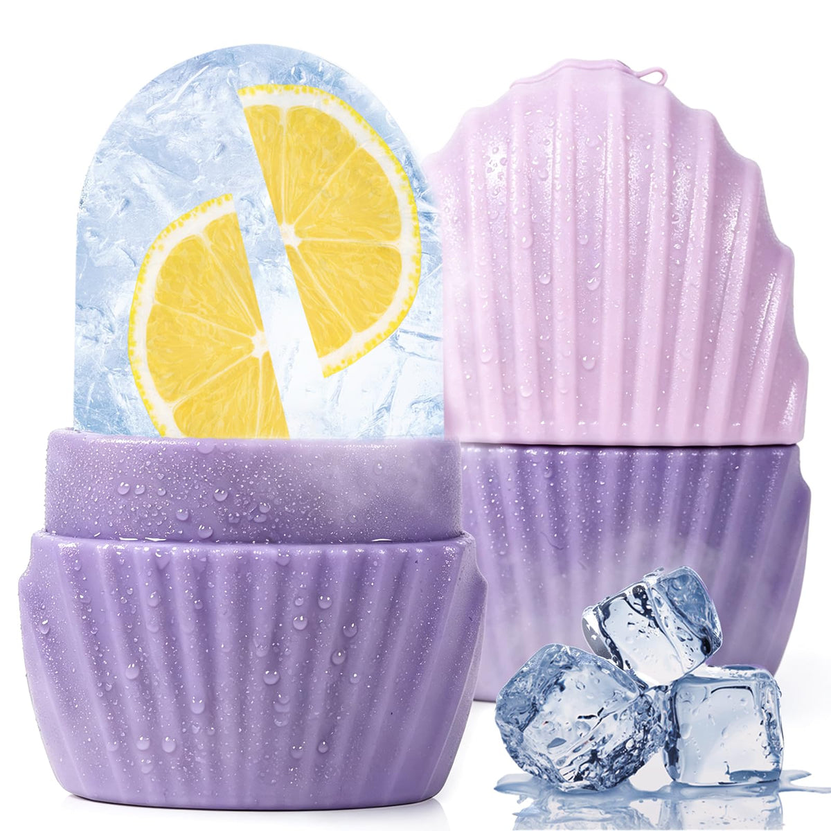 Ice Cube Roller for Face,Eyes and Neck,Reusable Silicone Ice Mold Mermaid Shell Shape for Shrink Pores Anti Wrinkle and Skin Beauty Care,Reduce Migraine Pain,Gua Sha Face Massage Tools (Purple)