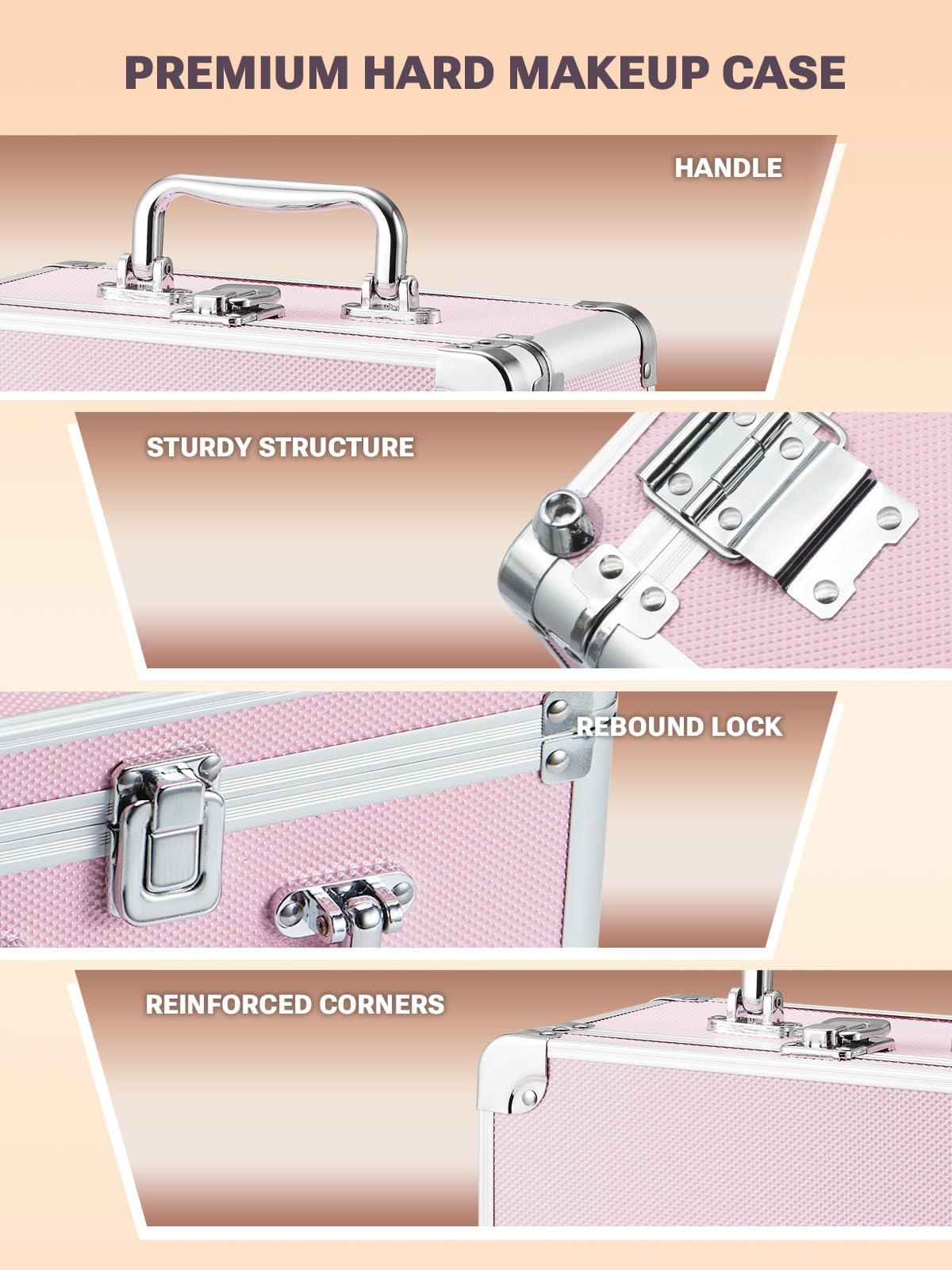 Qislee Makeup Box with A Detachable Lighted Mirror, Waterproof Travel Train Case, Cosmetic Organizer and Makeup Suitcase with Adjustable Dividers, Magnetic LED Mirror(Icy Pink)