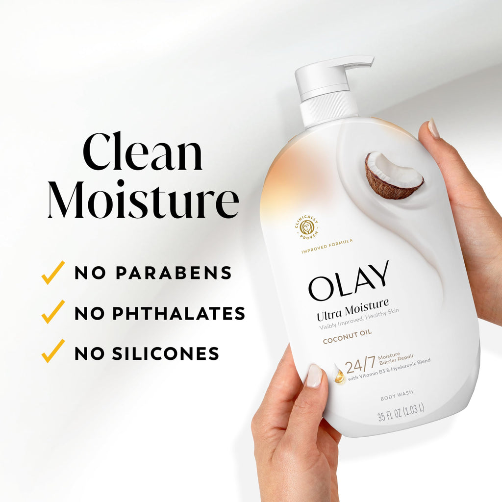 Olay Body Wash for Women, Ultra Moisture, 24/7 Moisture Barrier Repair, Hydrating Formula for Visibly Healthy Soft Skin, Vitamin B3 & Hyaluronic Blend, For All Skin Types, Coconut Oil Scent, 35 fl oz
