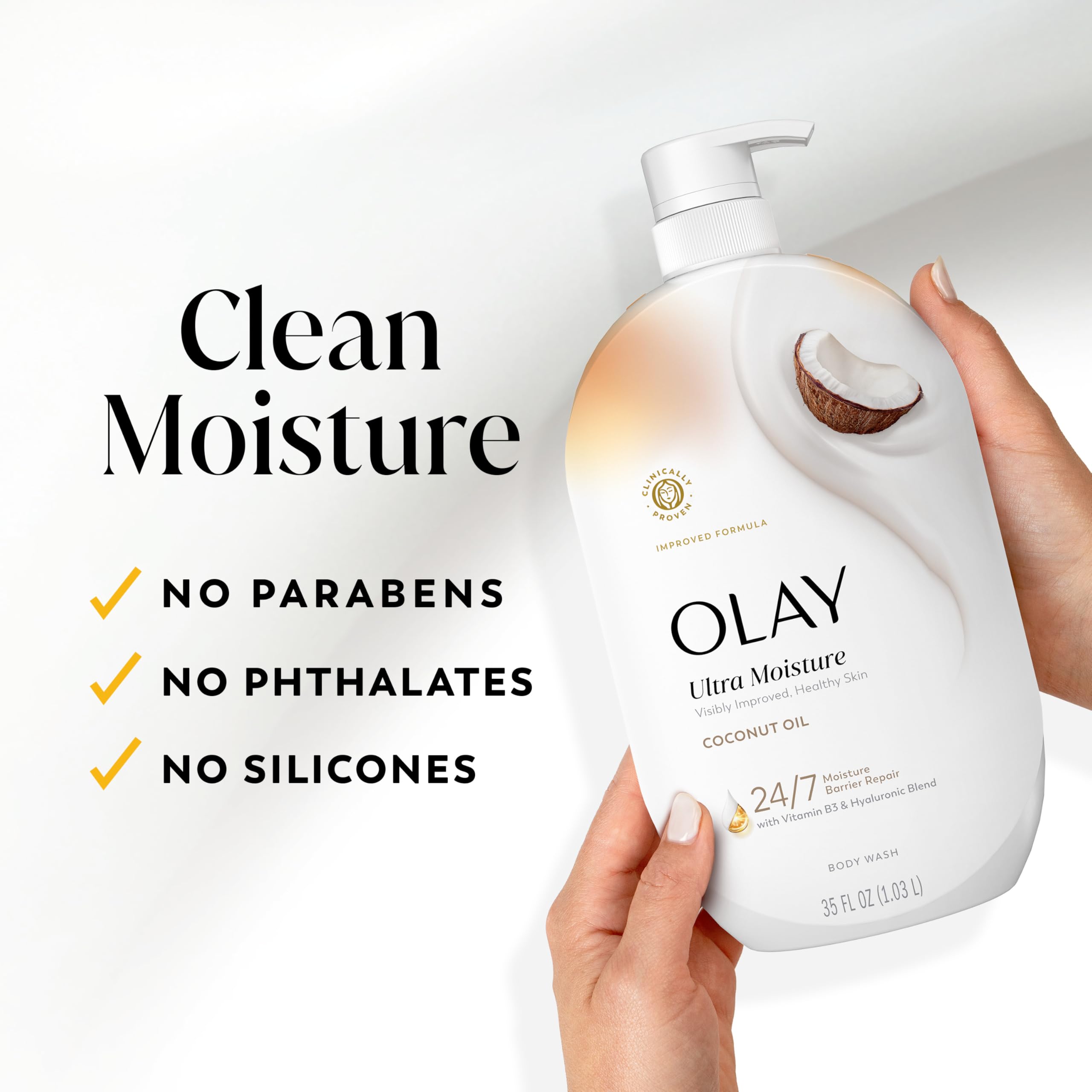 Olay Body Wash for Women, Ultra Moisture, 24/7 Moisture Barrier Repair, Hydrating Formula for Visibly Healthy Soft Skin, Vitamin B3 & Hyaluronic Blend, For All Skin Types, Coconut Oil Scent, 35 fl oz
