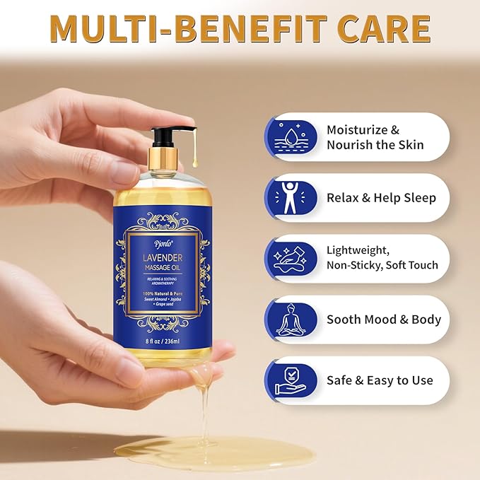Pjordo Aromatherapy Lavender Massage Oil for Calming, Soothing & Relaxing, Natural Body Massage Oil for Massage Therapy with Jojoba & Sweet Almond, No Stain & Non-Sticky, Spa Gift for Her Him