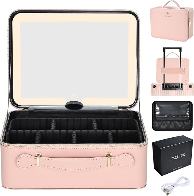 Faquenc Leather Makeup Case with LED Lighted Mirror 11.4 Inch Travel Makeup Bag Adjustable Brightness in 3 Colors Cosmetic Organizer Artist Storage Bag with Dividers Brush Holder Storage Vanity Pink