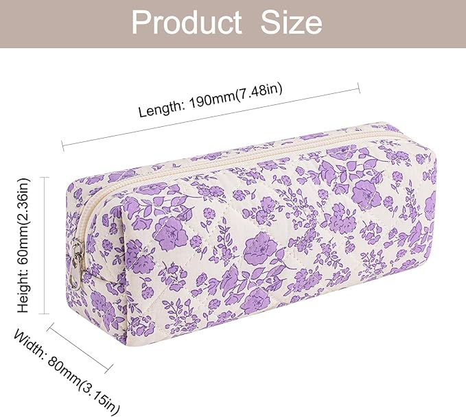WHHJM Cute Floral Makeup Brush Bag Small Cotton Quilted Cosmetic Bag for Women Travel Toiletry Zipper Make Up Pouch (Light Purple Floral)