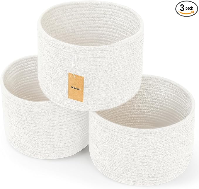 Small Rope Baskets for Storage, Baskets for Gifts Empty, Cute Round Woven Baskets, Decorative Shelf Basket 9.82×9.82×7.1", Cotton Toy Basket Storage Bins for Organizer 3 Packs White