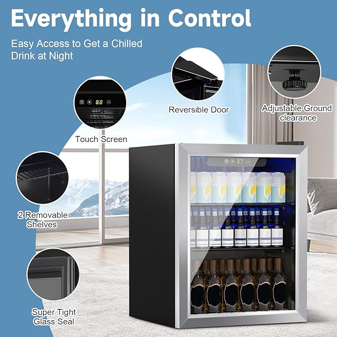 DOGHLY Beverage Refrigerator Cooler, 70 Can Mini Fridge Glass Door for Drinks Soda, Beer, or Wine - Small Refrigerator for Office Bedroom Home Bar, Adjustable Shelves, 1.7 Cu.Ft, Silver