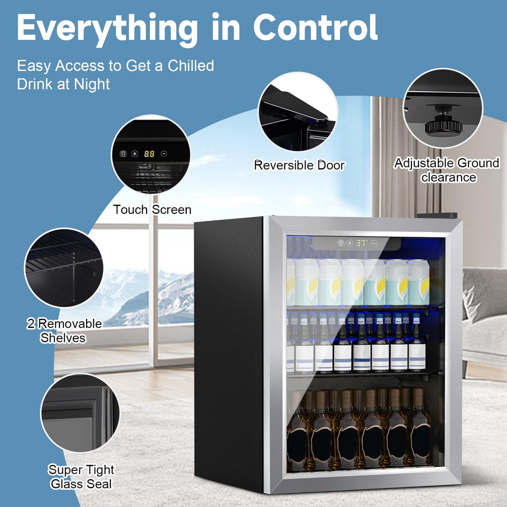 DOGHLY Beverage Refrigerator Cooler, 70 Can Mini Fridge Glass Door for Drinks Soda, Beer, or Wine - Small Refrigerator for Office Bedroom Home Bar, Adjustable Shelves, 1.7 Cu.Ft, Silver