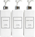 HARRA HOME Modern Gold Design Pump Bottle Set 27 oz Refillable Shampoo and Conditioner Dispenser Empty Shower Plastic Bottles with Pump for Bathroom Lotion Body wash, Pack of 3 (White & Silver)