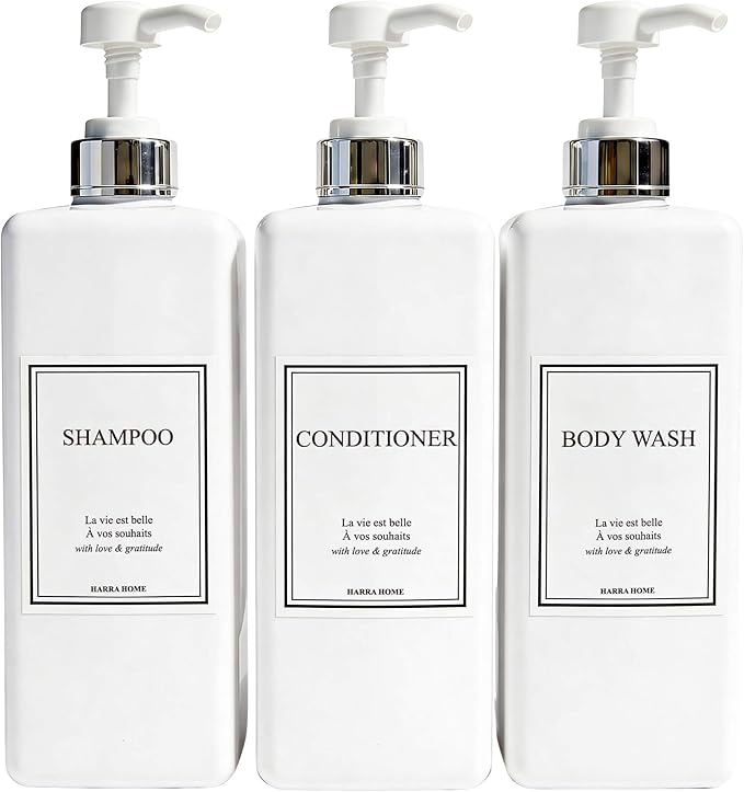 HARRA HOME Modern Gold Design Pump Bottle Set 27 oz Refillable Shampoo and Conditioner Dispenser Empty Shower Plastic Bottles with Pump for Bathroom Lotion Body wash, Pack of 3 (White & Silver)