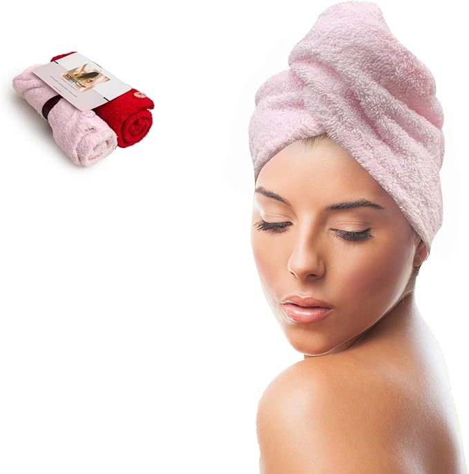 KEEPOZ Hair Towel Wrap Quick Dry 100% Cotton Super Absorbent Turban Head Wrap for Women with Button, Non Microfiber Anti Frizz Hair Cap for Curly, Long & Thick Hair (Pink+Red, 2 Pcs)