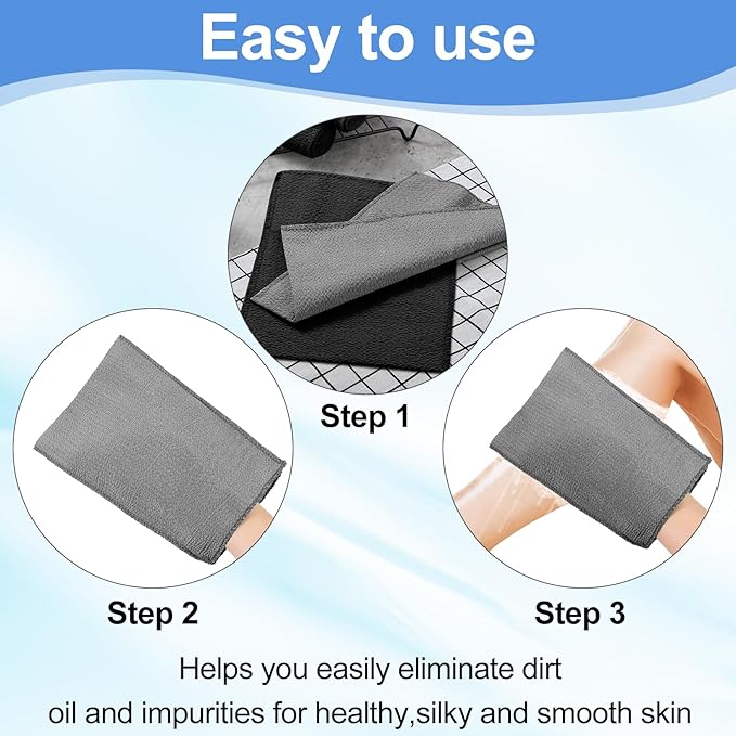 Tatuo 12 Pack Korean Exfoliating Mitt & Cloth, Viscose Rayon Dead Skin Remover Washcloth, Multi Color Body Scrub Towel for Shower Spa Travel(Large,White, Black, Gray)
