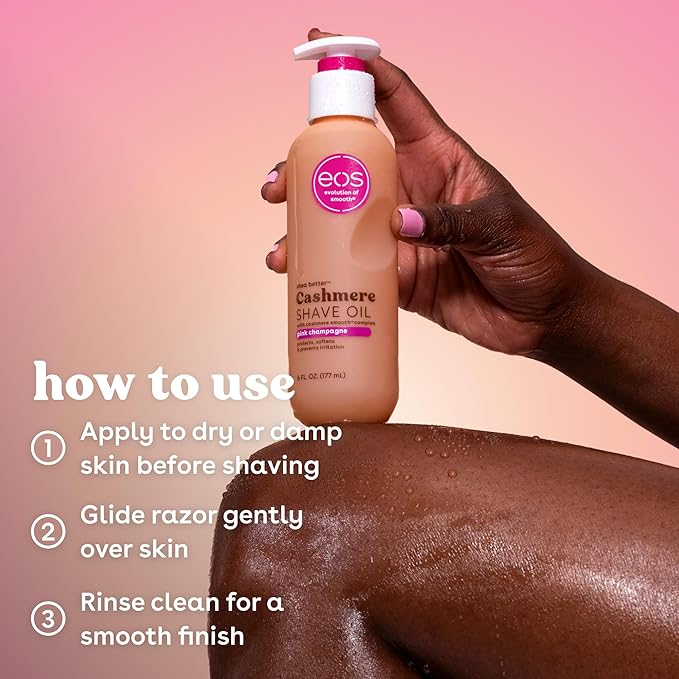 eos Cashmere Shave Oil – Pink Champagne, Moisturizing Shave Oil with Shea Butter & Glycerin, Helps Prevents Irritation & Razor Burn, Vegan, 6 fl oz