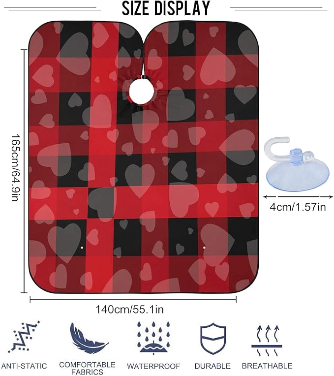visesunny Mothers Day Heart Tartan Buffalo Check Plaid Barber Cape Anti-Static Hair Cutting Cape with Snap Closure Professional Salon Polyester Cape Barber Water-Resistant Hairdressing Cape