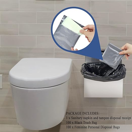 FAOEHN Sanitary Napkin Receptacle with Hygiene Disposal Bags and Trash Bag, 9.4x7.8x3.5 inches Stainless Steel Wall Mounted Feminine Hygiene Bin for Bathroom, Office (Silver)