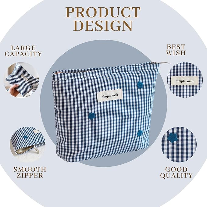 Wudygirl Makeup Bag Travel Cosmetic Bag for Women Small Makeup Pouch with Handle Zipper Cosmetic Pouch Handbag Aesthetic 8.3" x 5.9"(Navy Checkered)
