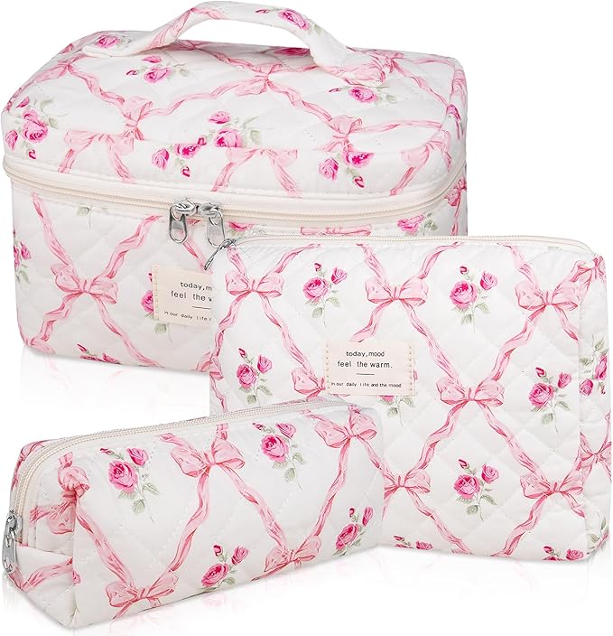 Gosect 3PC Makeup Bag Set, Quilted Makeup Bag, Large Floral Cosmetic Bag for Women, Cute Cotton Makeup Bags, Flower Travel Toiletry Organizer Bag (Pink Flower)