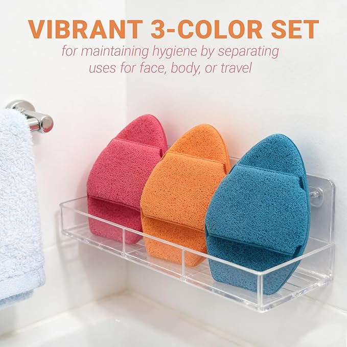 Extra Large Face Scrubber Exfoliator Sponges 3-Pack, Reusable Face Wash Pads with Hand Strap, Exfoliating Facial Sponge Reusable Face Scrub Pads for Daily Cleansing(Pink Orange Green)