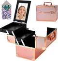 GALHUBIS Makeup Train Case, Portable Makeup Case with Mirror, 2-Trays Cosmetic Organizer Case,Nail Polish Organizer, Travel Makeup Box, Profesional for Salon Barber, Rose Gold