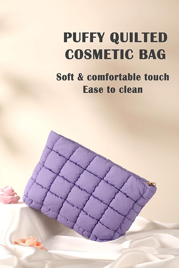 HFLZBRO Puffy Quilted Makeup Bag for Women, Cosmetic Bag, Travel Toiletry Organizer Pouch Clutch (purple)