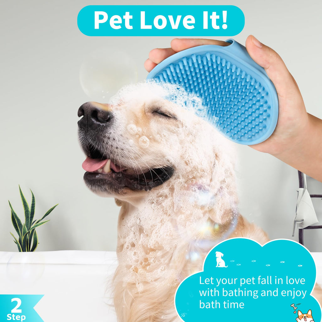 Comotech 3-in-1 Dog Grooming Brush | Adjustable Handle Shampoo Brush & Scrubber for Short & Long Haired Dogs & Cats (Blue Pink Blue)