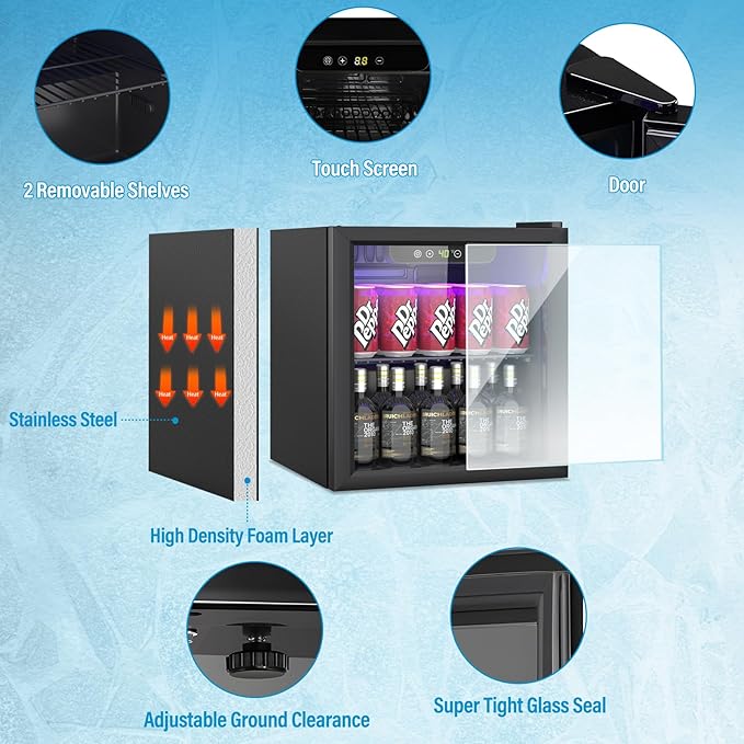 Erivess Compact Beverage Refrigerator,60 Can/1.3 Cubic Feet Fridge with Glass Front Door for Soda, Beer or Wine, Under Counter Small Refrigerator with Adjustable Shelve & Digital Display
