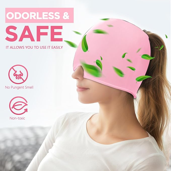 Migraine Relief Cap, Headache Relief Hat for Migraine Cap, Hot and Cold Therapy, Headache Eyes Mask for Stress Relief, Ice Pack Head Wrap for Sinus, Puffy Eyes, Tension, Light Pink