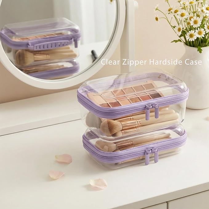 JZRTravel 3 Pack Clear Hard Shell Zipper Case with Handle Waterproof PET Hard Plastic Storage Pouches for Toiletry Makeup Cosmetic Toys Art Supplies Case Bag Organizer Travel Essentials