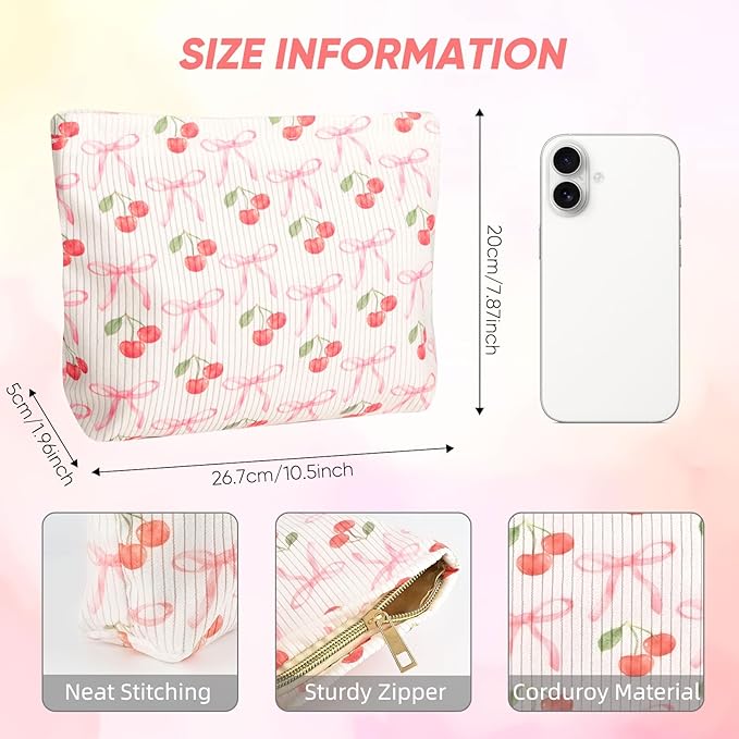 Ksriylm Cute Cherry Makeup Pouch for Women Small Make Up Bag for Purse Zipper Initial Makeup Cosmetic Bags Pouches for Purse Aesthetic Travel Toiletry Bags, Pink Cherries Bows