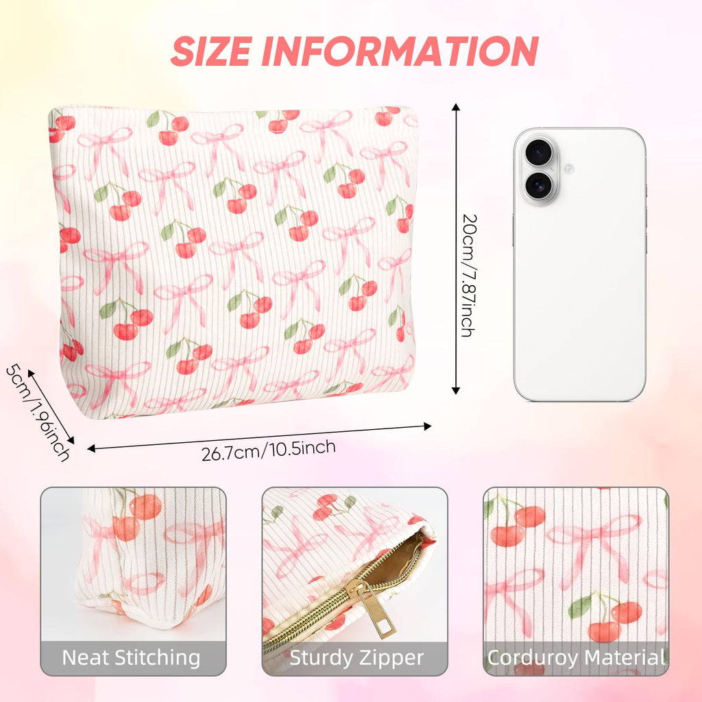 Ksriylm Cute Cherry Makeup Pouch for Women Small Make Up Bag for Purse Zipper Initial Makeup Cosmetic Bags Pouches for Purse Aesthetic Travel Toiletry Bags, Pink Cherries Bows