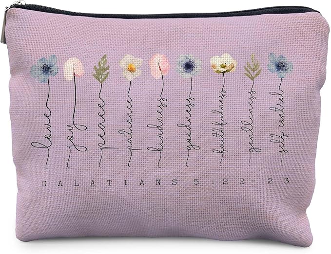 Likjad Christian Gifts Makeup Bag, Floral Christian Cosmetic Bags for Women, Galatians 5:22-23 Bible Verse Makeup Pouch, Faith Based Gifts Zipper Pouch（purple