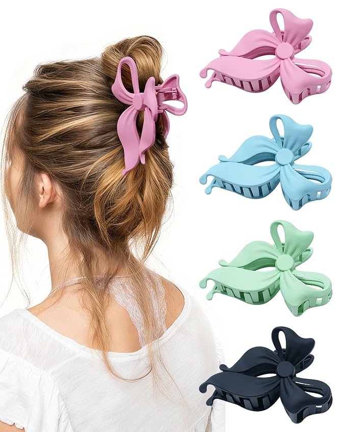 4 PCS Bow Hair Clips Bow Claw Clip for Women, Large Hair Claw Clips for Thin Thick Long Hair Cute Nonslip Bows (Blue+Pink+Green+Blue+Black)