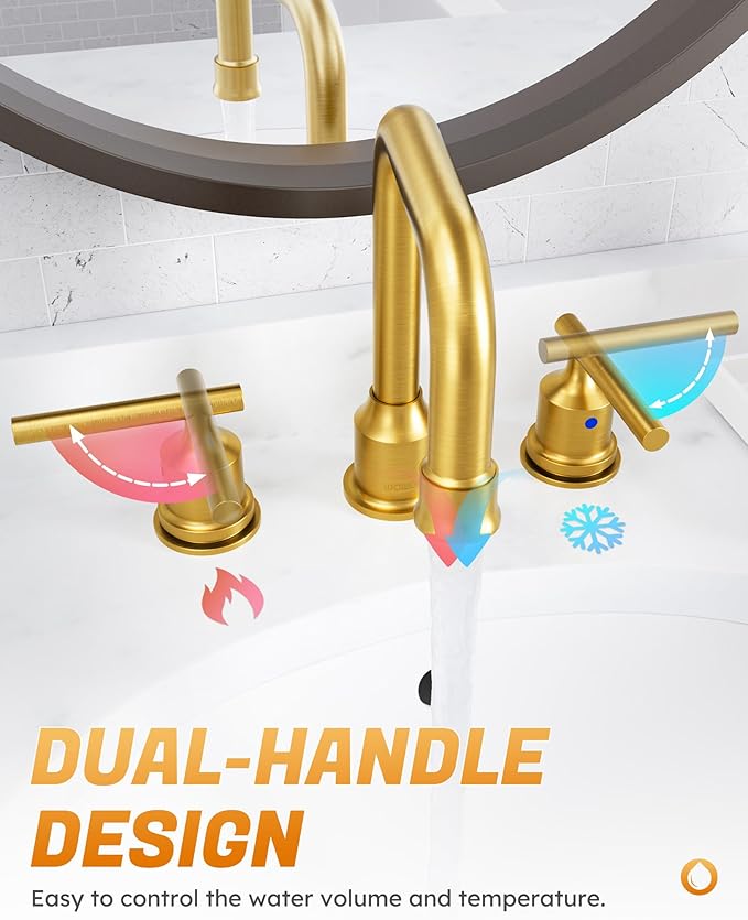 WOWOW Brushed Gold Bathroom Faucet Widespread Bathroom Sink Faucet 2 Handle Lavatory Tap 3 Holes with Drain and Supply Hoses Mordern Basin Taps