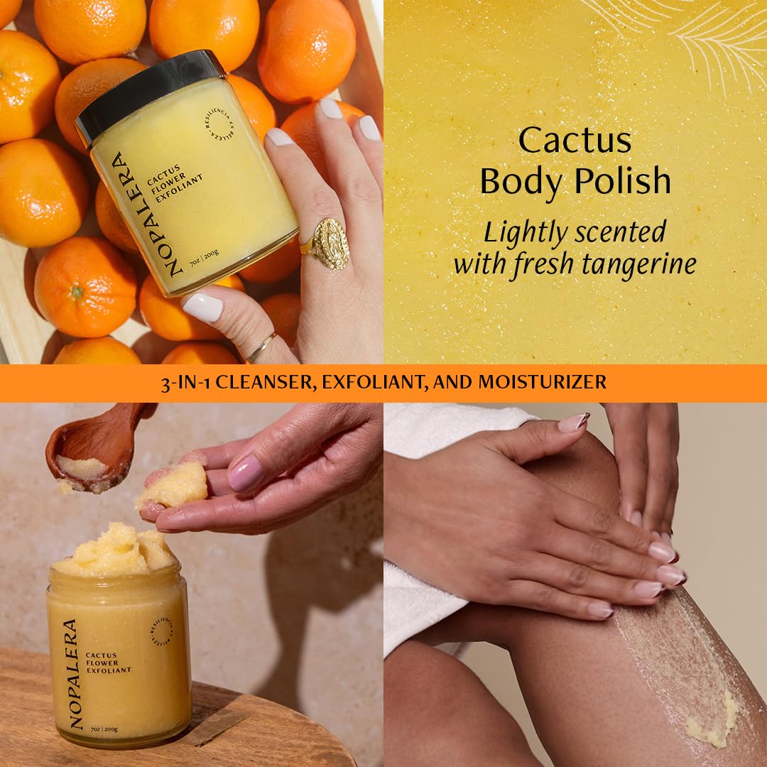 Nopalera Mandarina Cactus Flower Exfoliant - Face & Body Scrub, 3-in-1 Cleanser, & Moisturizer, Vegan, Cruelty-Free, Natural Citrus Scent, Dye Free, 6 oz.