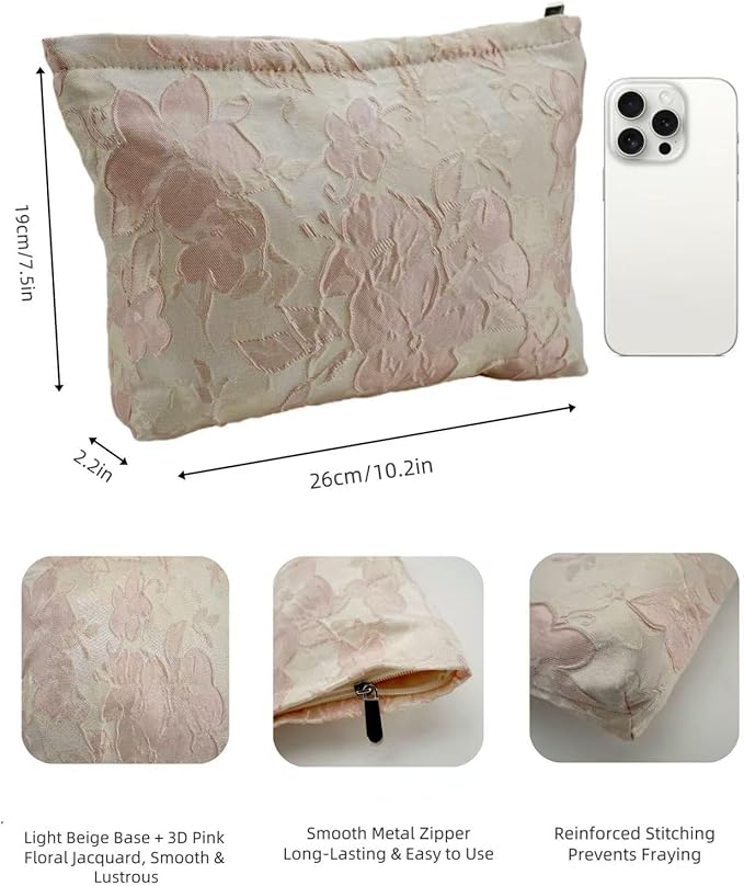 RIKMOXR D Embossed Floral Makeup Bag - Large Capacity Pink Textured Cosmetic Organizer | Travel Toiletry Pouch for Women (Elegant Flower Pattern, Durable Fabric)