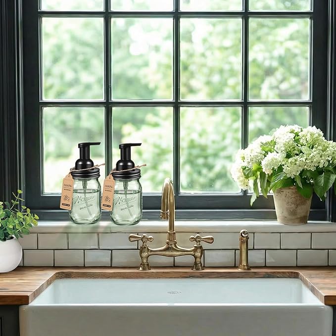 SheeChung 16Oz Mason Jar Foaming Soap Dispenser, Stainless Steel Lid, BPA Free Pump, Green Glass Foam Hand Soap Dispenser, Refillable Liquid Foam Dispenser Bottle for Bathroom Kitchen, Dish Soap-Black