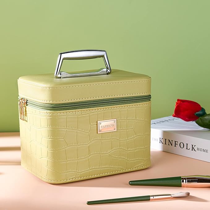 Sluxa Fashion makeup box, Portable leather hard cosmetic case with mirror, Professional train case make up box for women adults. (Green)