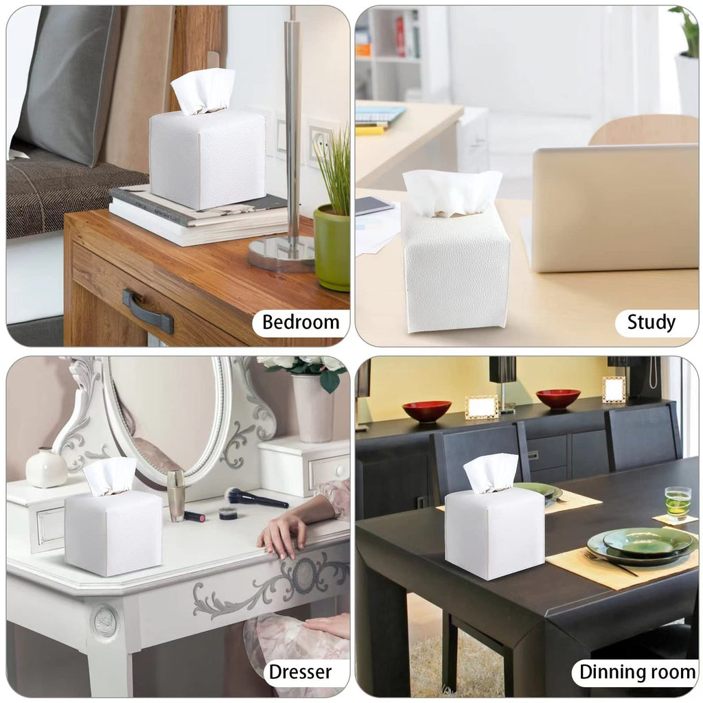 2 Pack, VIVIDLY Tissue Box Cover Holder, Square Modern PU Leather Tissue Box Holder, Can be Used for Bathroom Dressing Table, Bedside Table, Office Desk & Car 5"X5"X5"- (White, 2)
