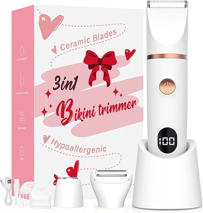 Bikini Trimmer for Women, 3-in-1 Electric Razors for Women, IPX7 Waterproof Rechargeable Cordless Pubic Hair Shaver, with LED Display, for Ladies Bikini Pubic, Face, Underarms, Legs(White)