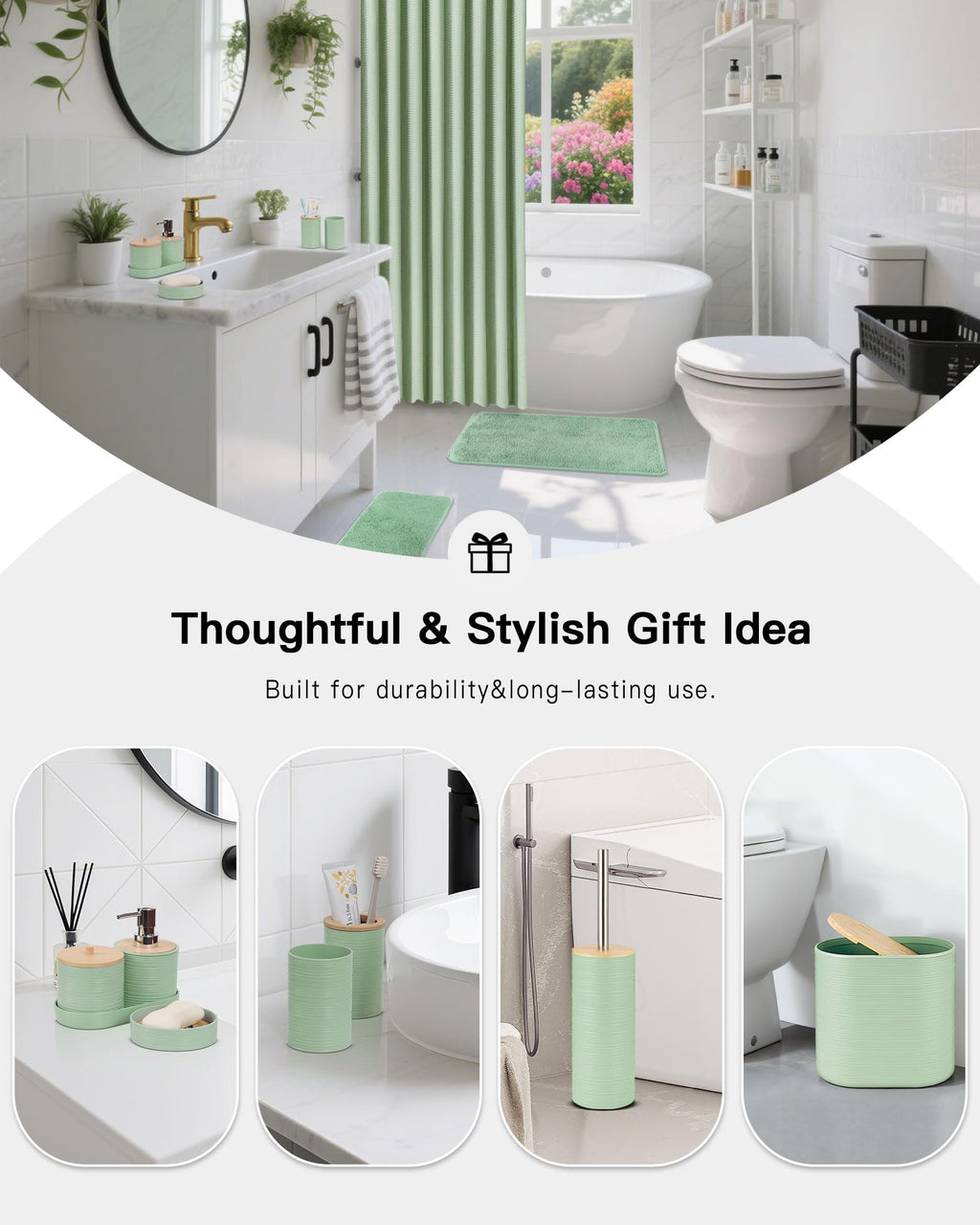 IMAVO Green Bathroom Set,26Pcs Bathroom Accessories Set with Waffle Shower Curtain,Rugs,Trash Can,Tray,Soap Dispenser,Soap Dish,Toothbrush Holder,Toothbrush Cup,Toilet Brush Holder and Qtip Holders