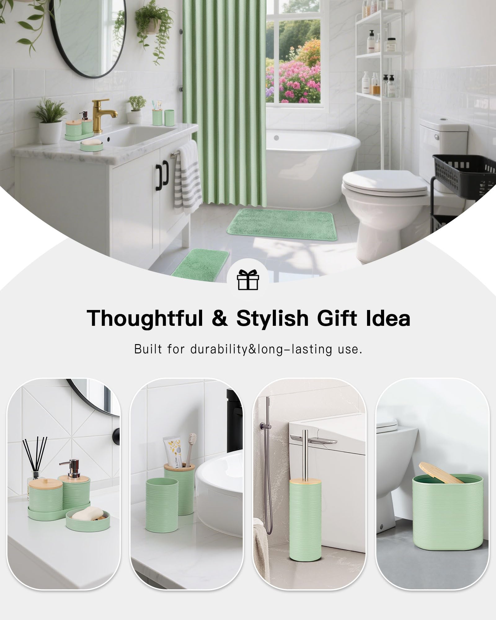 IMAVO Green Bathroom Set,26Pcs Bathroom Accessories Set with Waffle Shower Curtain,Rugs,Trash Can,Tray,Soap Dispenser,Soap Dish,Toothbrush Holder,Toothbrush Cup,Toilet Brush Holder and Qtip Holders