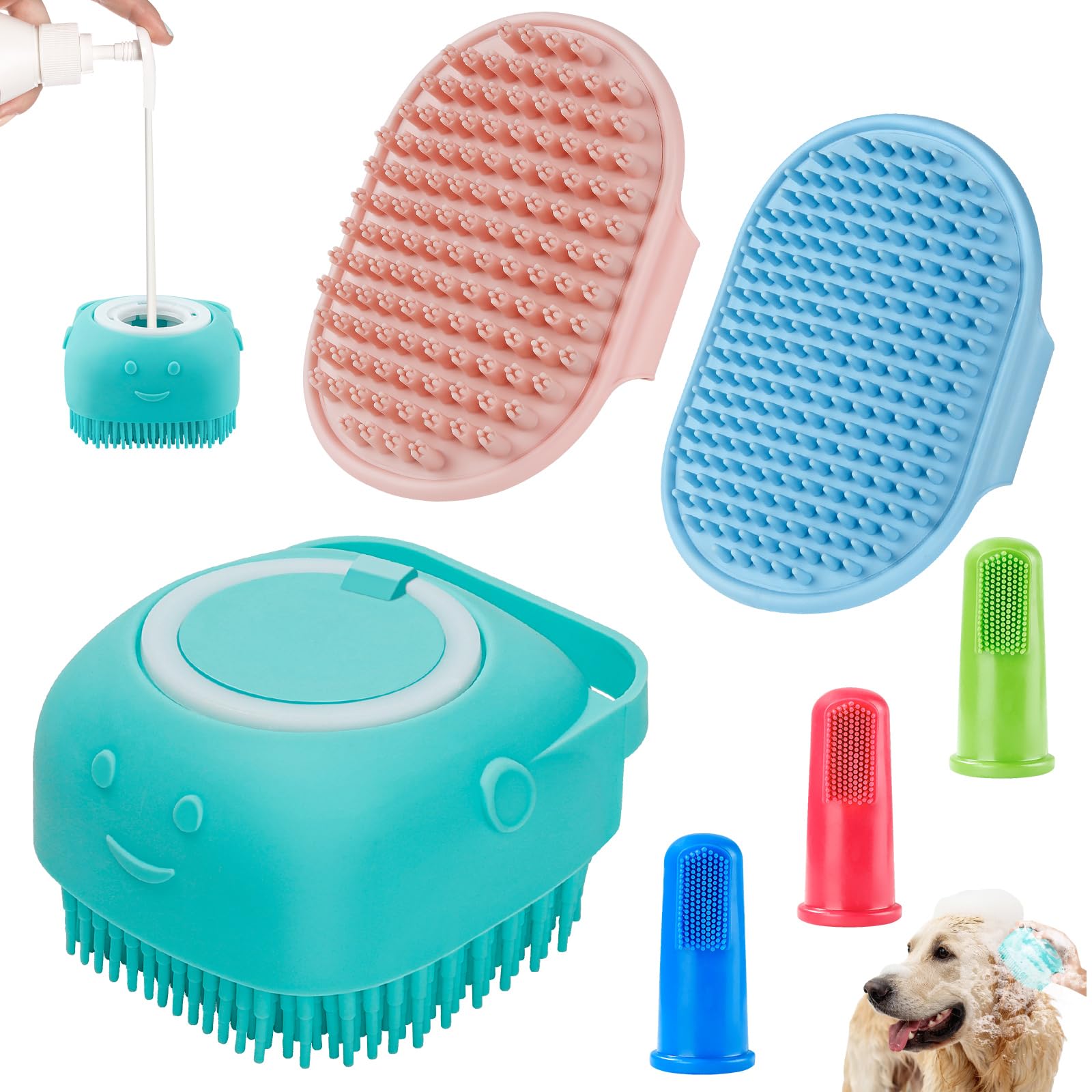 Comotech 3-in-1 Dog Grooming Brush | Adjustable Handle Shampoo Brush & Scrubber for Short & Long Haired Dogs & Cats (Blue Pink Blue)