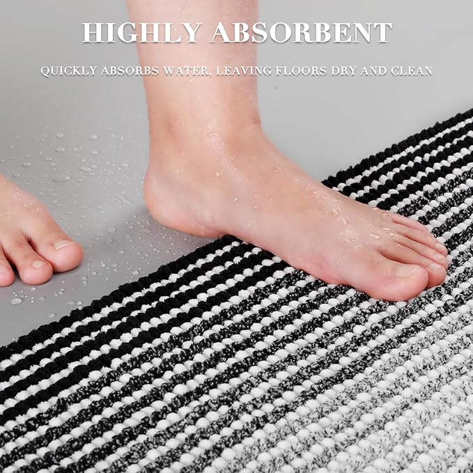 BSICPRO Bathroom Rugs and Mats Sets, 2 Piece Thick Absorbent Chenille Bath Mat Set Non Slip, Soft Shaggy Bath Room Floor Mats, Machine Washable (20" x 32" Plus 16" x 24", Black)