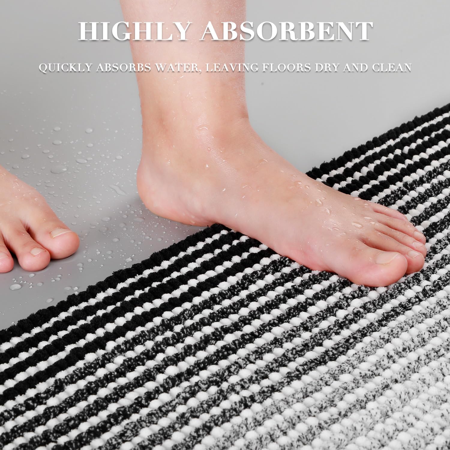 BSICPRO Bathroom Rugs and Mats Sets, 2 Piece Thick Absorbent Chenille Bath Mat Set Non Slip, Soft Shaggy Bath Room Floor Mats, Machine Washable (20" x 32" Plus 16" x 24", Black)