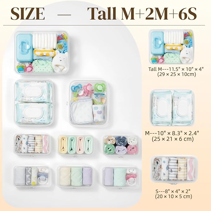 WELPIRT 9 pcs Zipper Pouches Nesting Set, Hard Shell Toiletry Bag, Stackable Travel Organizer, Cosmetic Bags, Transparent Diaper Bag, Storage Cases (1 Tall M + 2M + 6S)