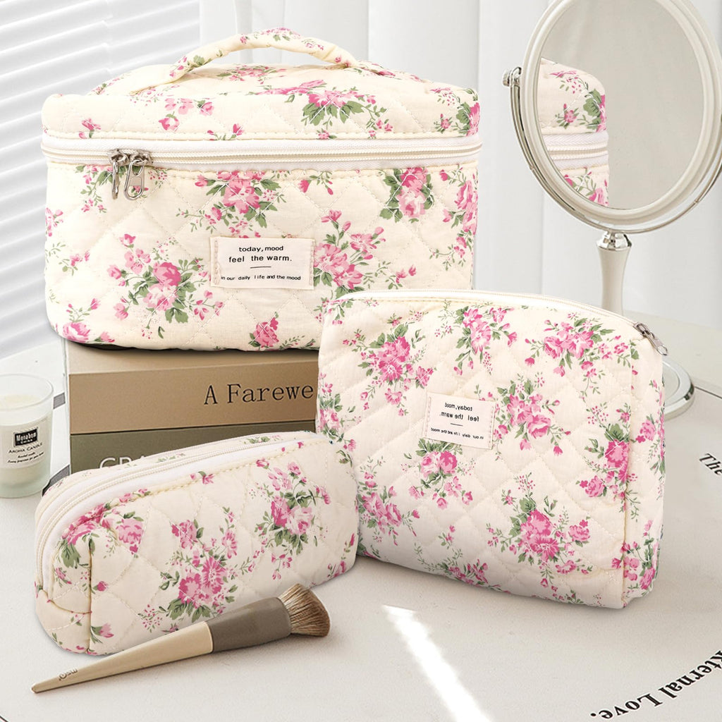 GISMTR 3Pcs Cotton Quilted Makeup Bag Large Travel Cosmetic Bag Coquette Makeup Pouch Cute Aesthetic Floral Toiletry Bag for Women Girls (flower-M)
