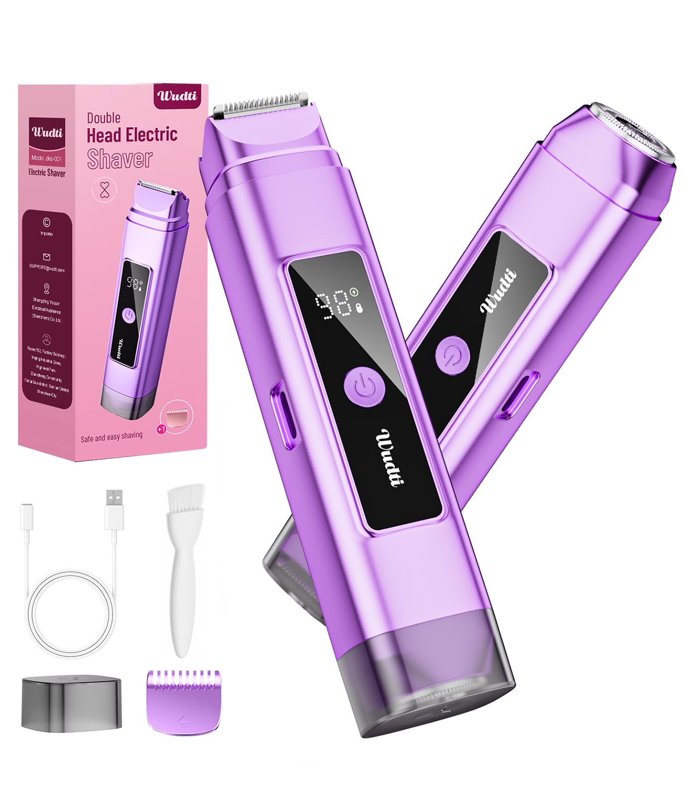 Dynooper Electric Bikini Trimmer for Women: IPX7 Waterproof Dual Head Cordless Electric Shaver for Women with LED Display & 0.5mm Ceramic Blades for Pubic Hair, Face, Legs - Grape Purple
