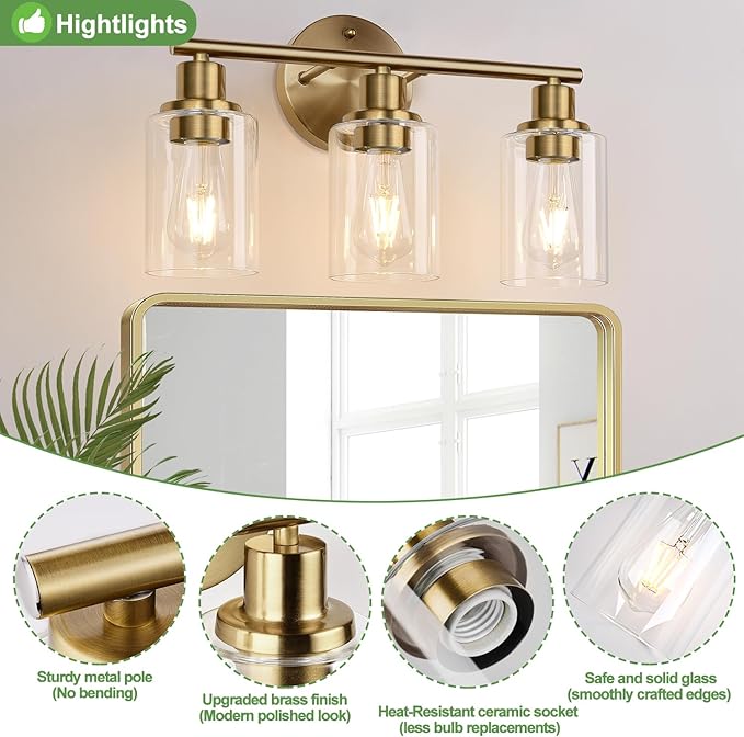 Zarbitta 3-Light Bathroom Light Fixtures, Brushed Brass Bathroom Wall Lights with Clear Glass Shade, Modern Bathroom Wall Lamp for Mirror Kitchen Living Room Hallway Cabinet