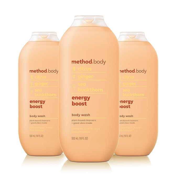 method Body Wash, Energy Boost - Leaves Skin Feeling Soft & Moisturized, Made Without Parabens, Notes of Citrus, Ginger & Sea Buckthorn, 18 fl oz -3 pack