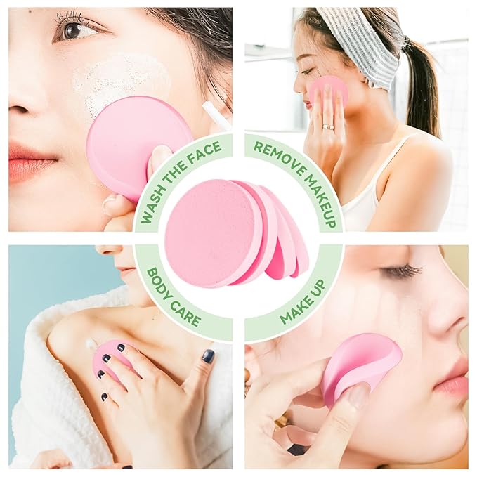 MotBach 60 PCS Pink Round Makeup Sponge, Cosmetic Sponge Round Foam Pad Eye Facial Powder Puff, Beauty Makeup Foundation Powder Blender for Women Lady All Skin Types Wet and Dry Dual Use