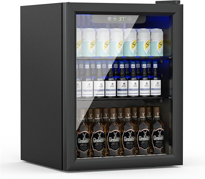Erivess Compact Freestanding Beverage Refrigerator,70 Can/ 1.6 Cubic Feet Mini Fridge with Reversible Glass Front Door for Soda, Beer or Wine, Under Counter Small Refrigerator 2 Adjustable Shelves